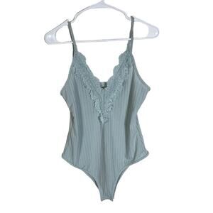 Shein Blue Ribbed V Neck Bodysuit with Lace Detail Size 0XL/ 12